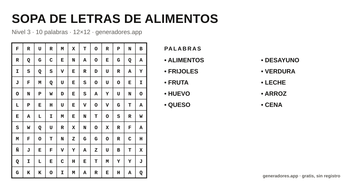 Sopa de letras de alimentos para imprimir