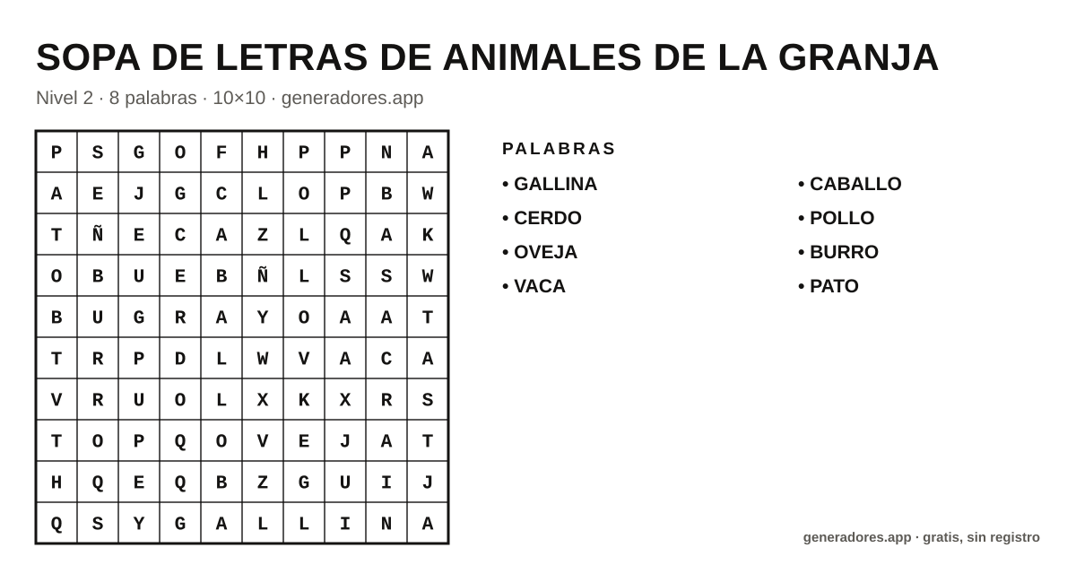 Sopa de letras de animales de la granja para imprimir