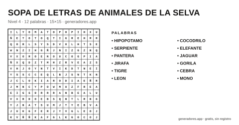 Sopa de letras de animales de la selva para imprimir