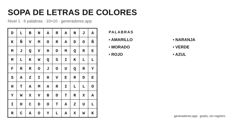 Sopa de letras de colores para imprimir