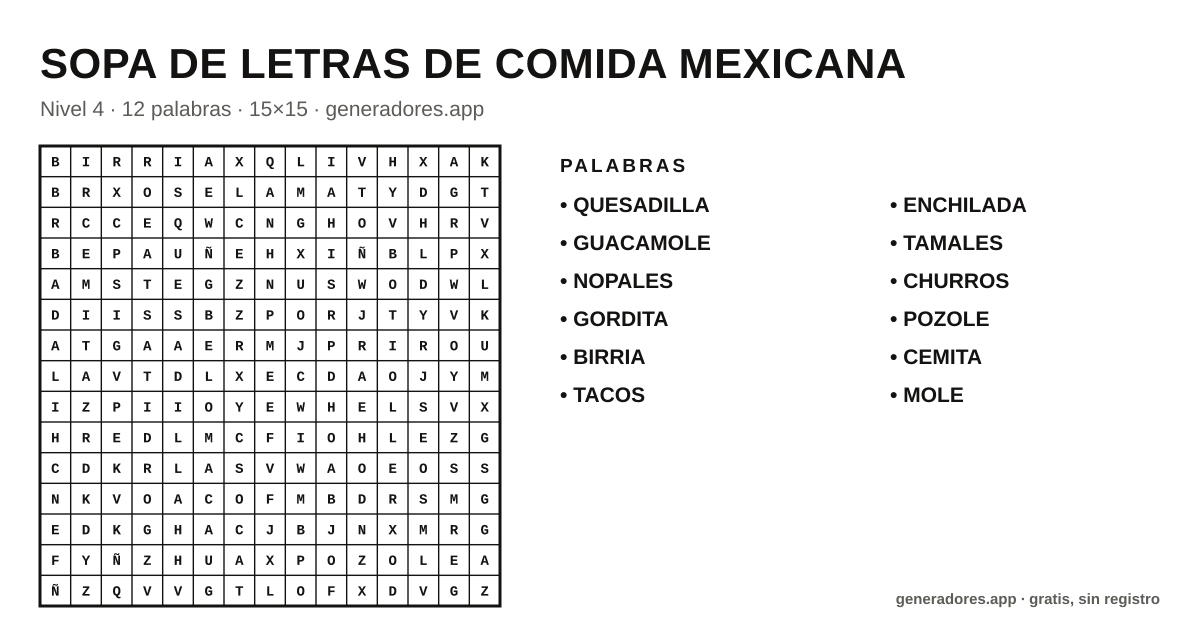 Sopa de letras de comida mexicana para imprimir