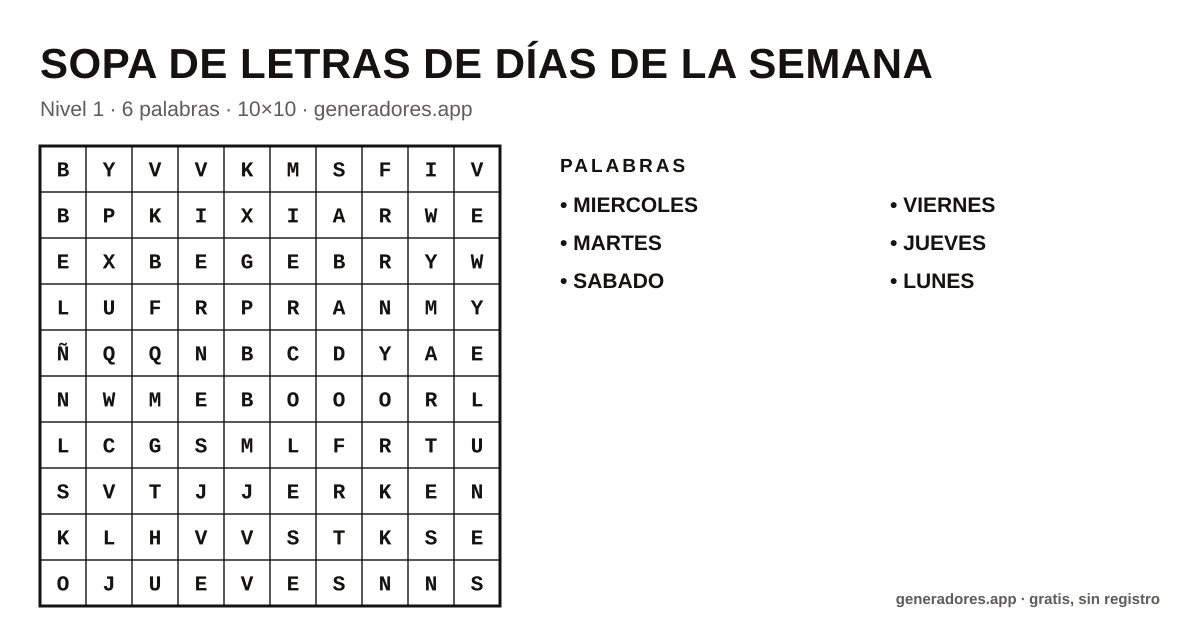 Sopa de letras de días de la semana para imprimir