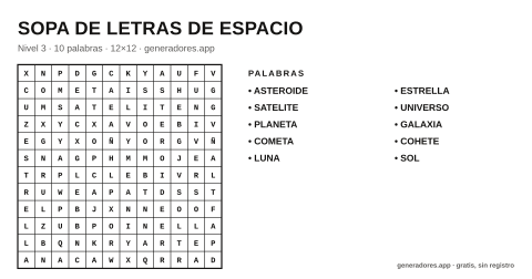 Sopa de letras de espacio para imprimir