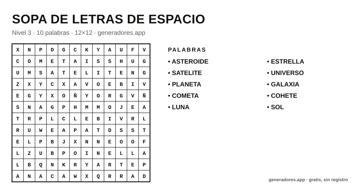 Sopa de letras de espacio para imprimir