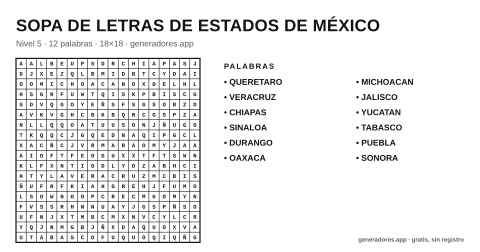 Sopa de letras de estados de méxico para imprimir