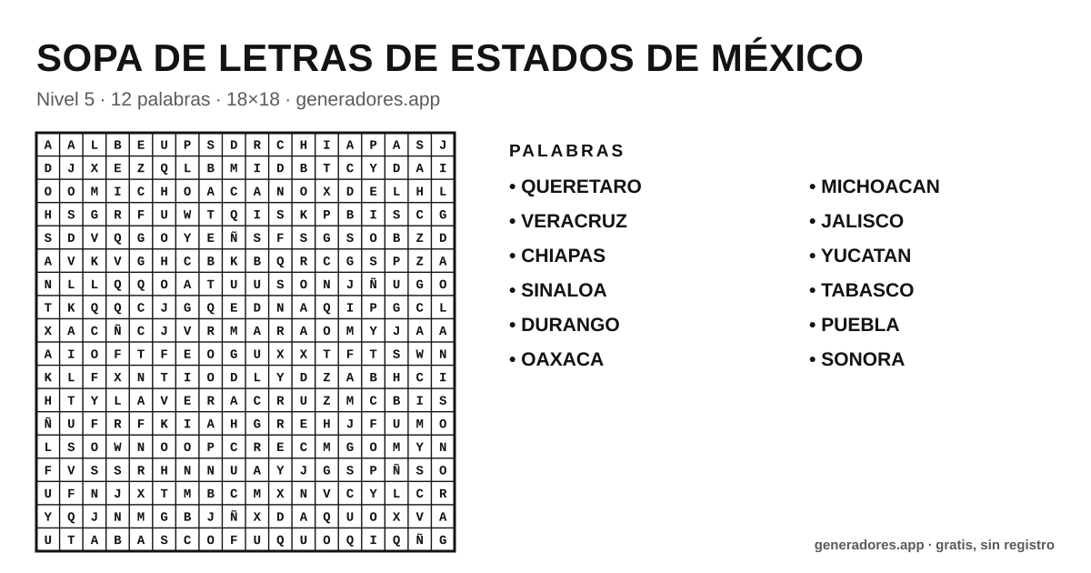 Sopa de letras de estados de méxico para imprimir