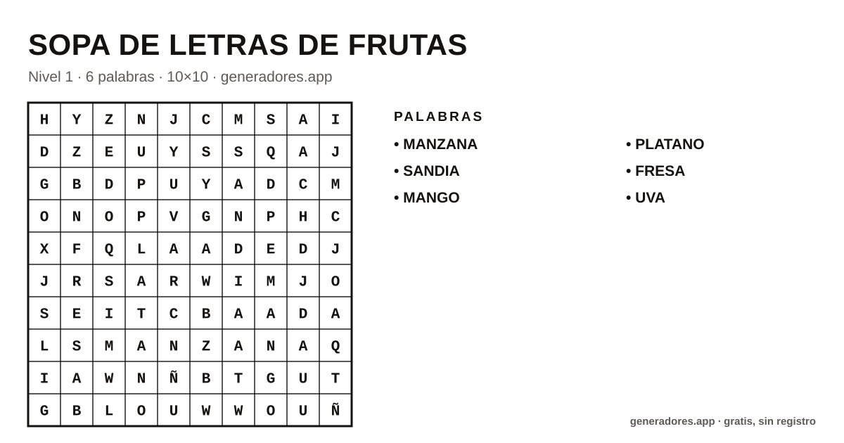 Sopa de letras de frutas para imprimir