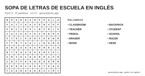 Sopa de letras de escuela en inglés para imprimir