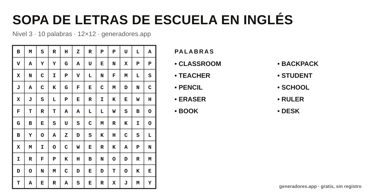 Sopa de letras de escuela en inglés para imprimir