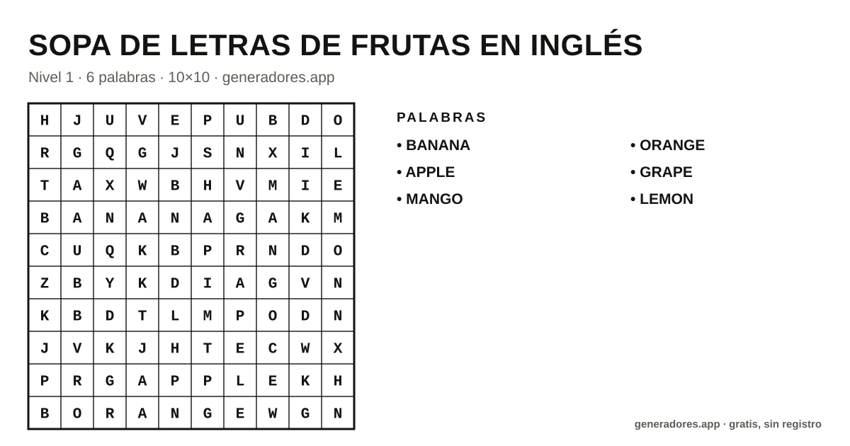 Sopa de letras de frutas en inglés para imprimir