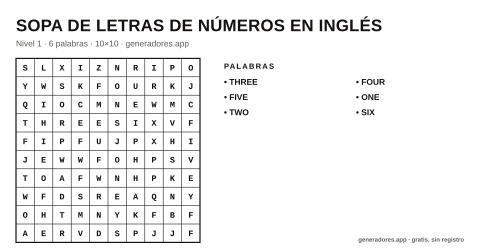 Sopa de letras de números en inglés para imprimir