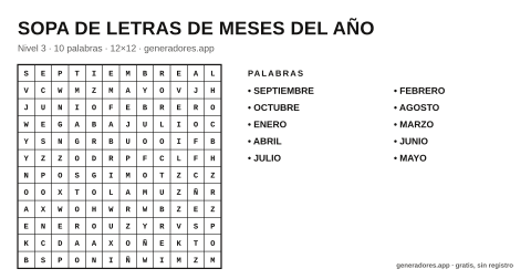 Sopa de letras de meses del año para imprimir