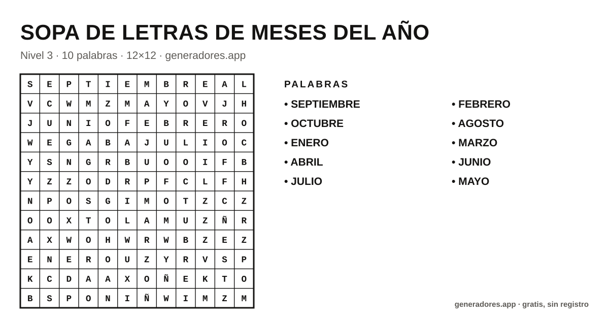 Sopa de letras de meses del año para imprimir