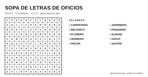 Sopa de letras de oficios para imprimir
