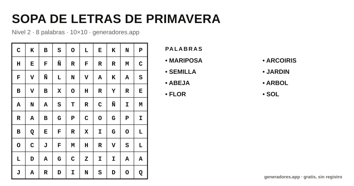Sopa de letras de primavera para imprimir