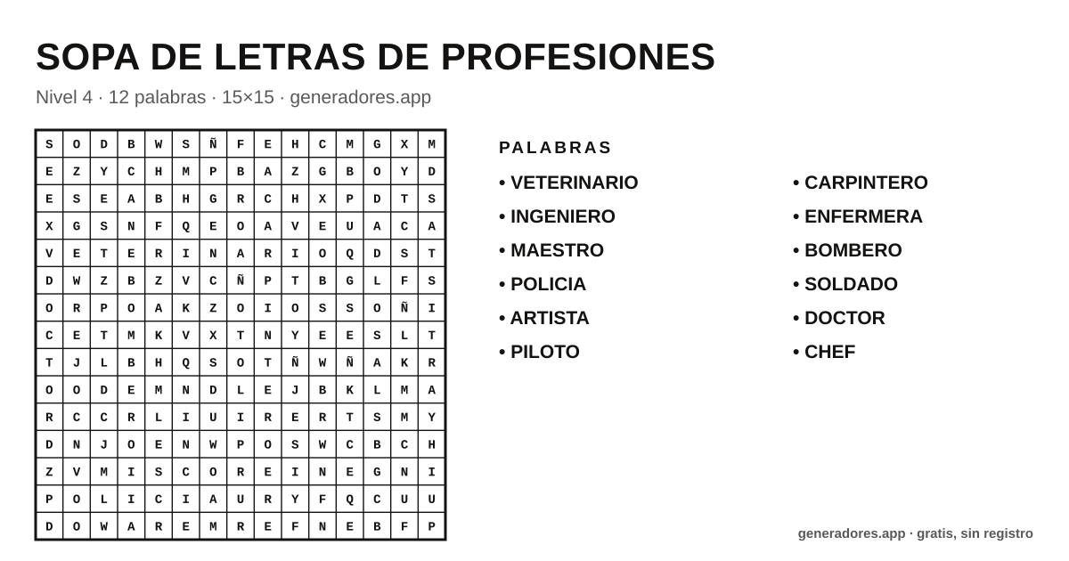 Sopa de letras de profesiones para imprimir