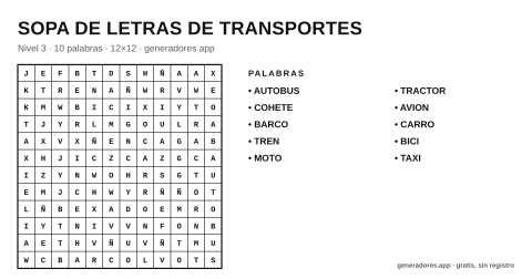 Sopa de letras de transportes para imprimir