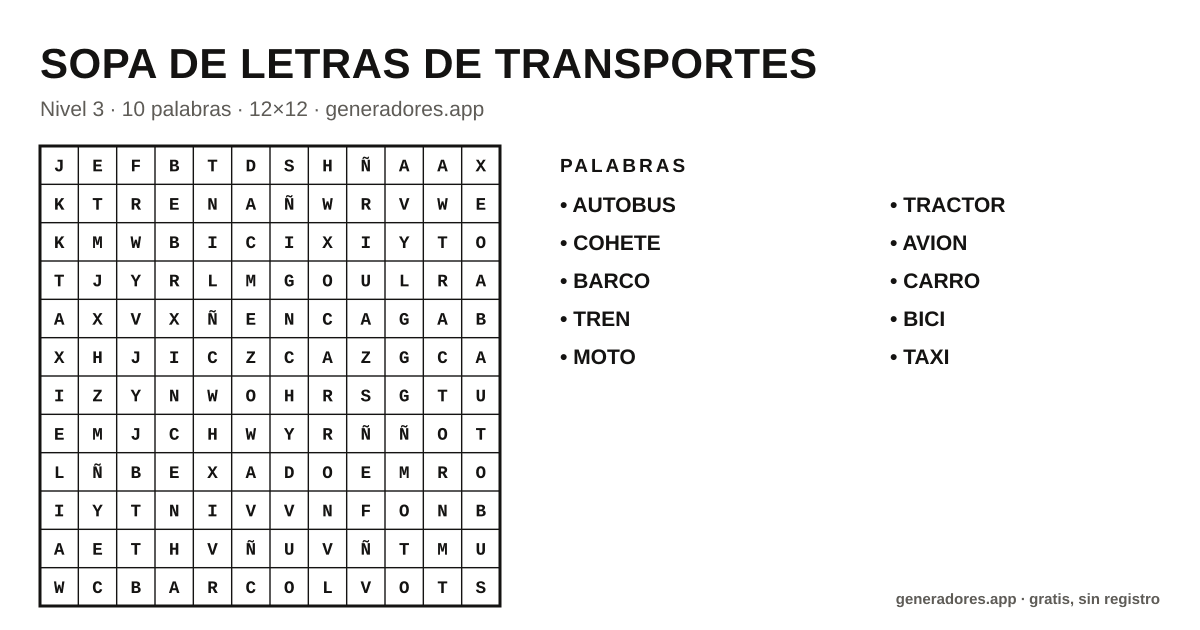 Sopa de letras de transportes para imprimir