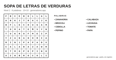 Sopa de letras de verduras para imprimir